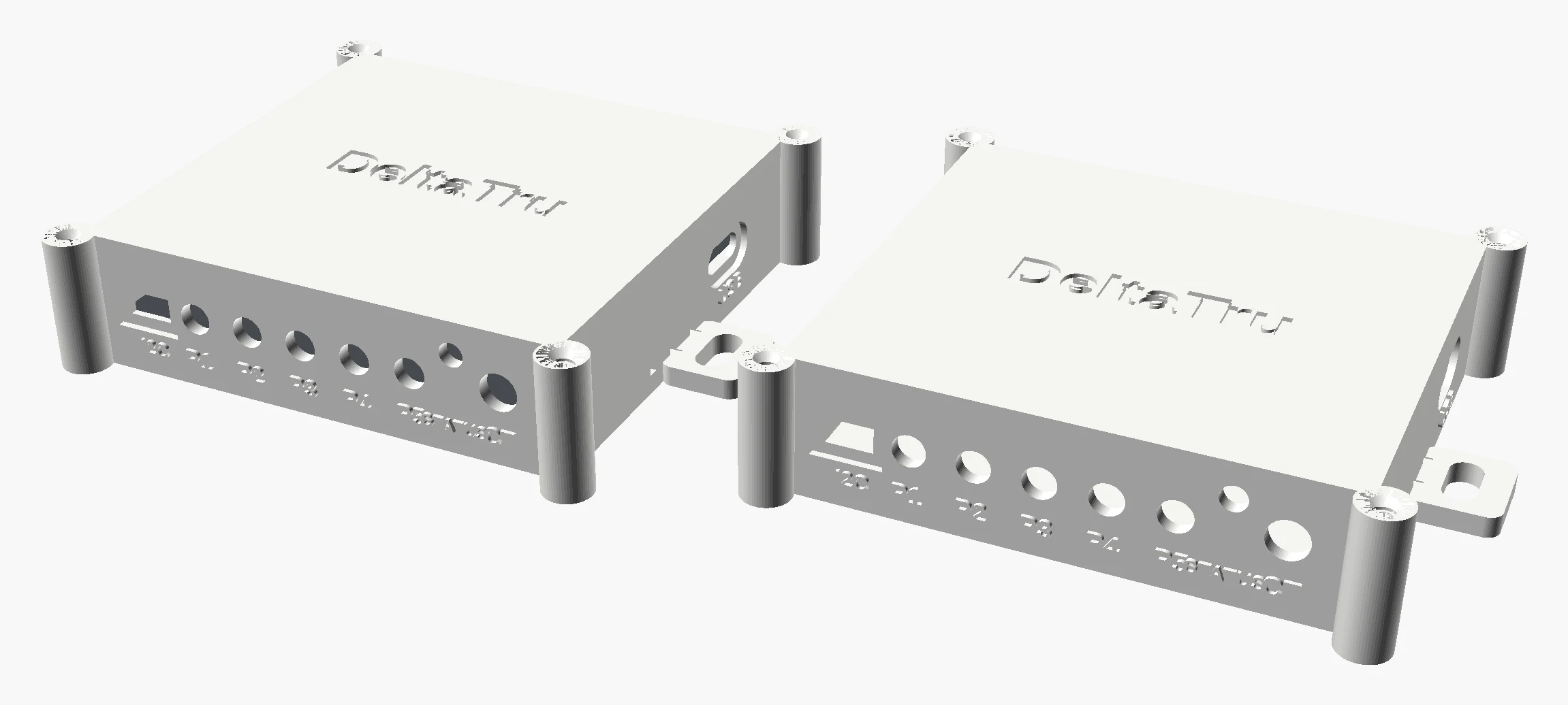 Two white DeltaTru monitor enclosures, prototype render